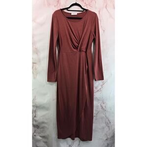 Gilli Dress Womens Large Ribbed Red Clay Rust Terracotta Midi Long Sleeve